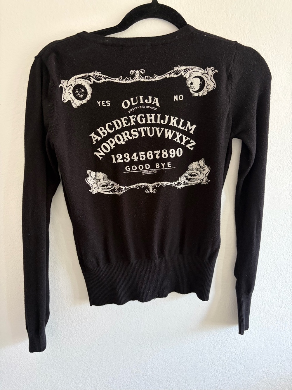 Hell Bunny Black Ouija Board Print Cardigan size S MISSING BUTTON
